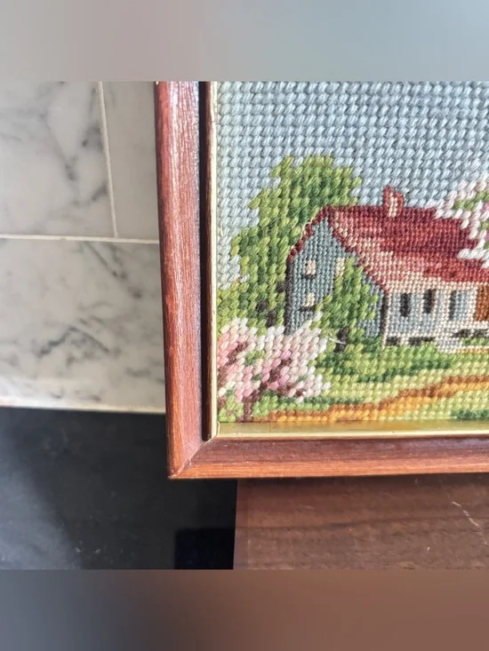 Vintage Pair of Small Framed Needlepoint Art of Spring and Winter Landscapes - Picture 6 of 10